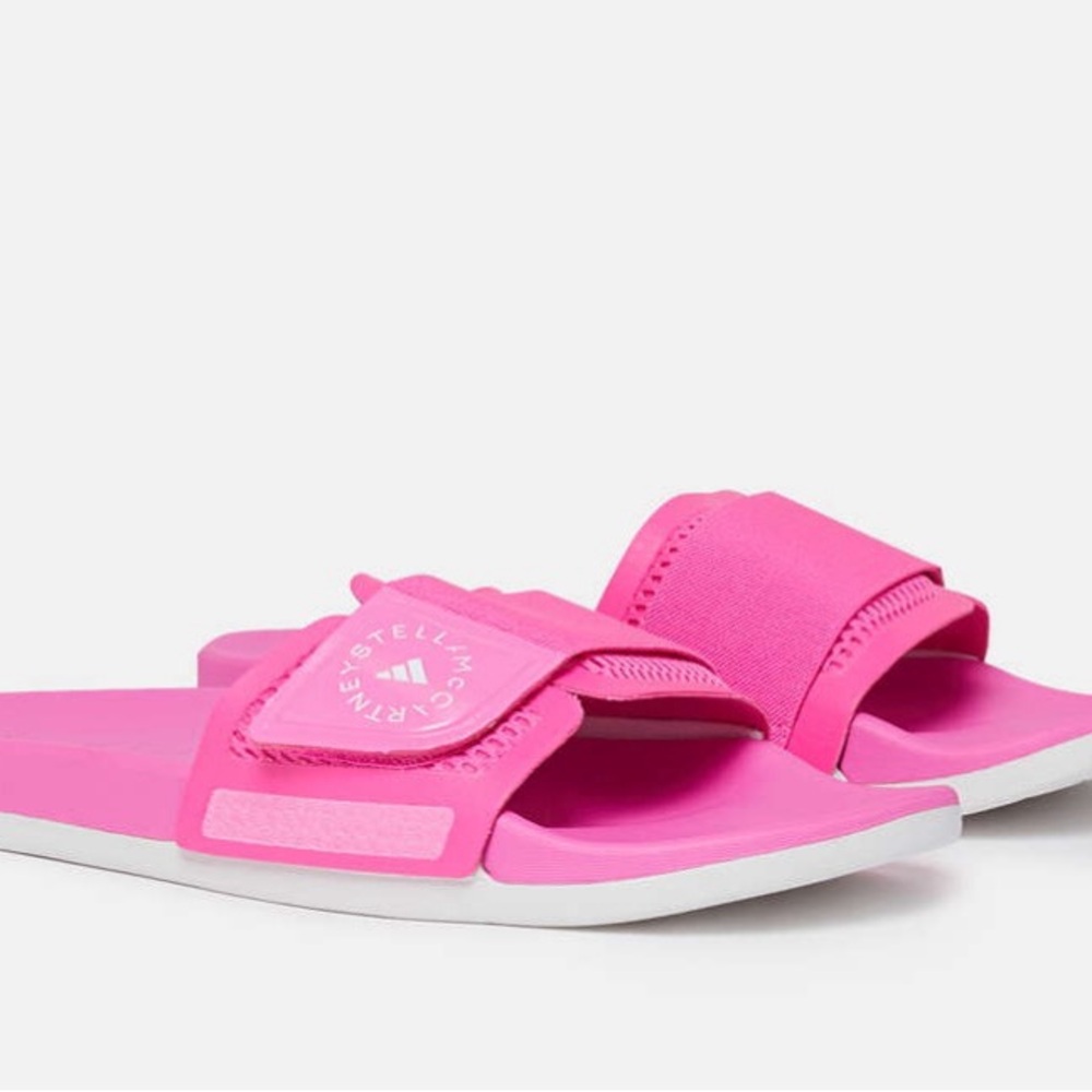 NWT Adidas x Stella McCartney Pink Slides Sandals Flats Adjustable Fuchsia Logo